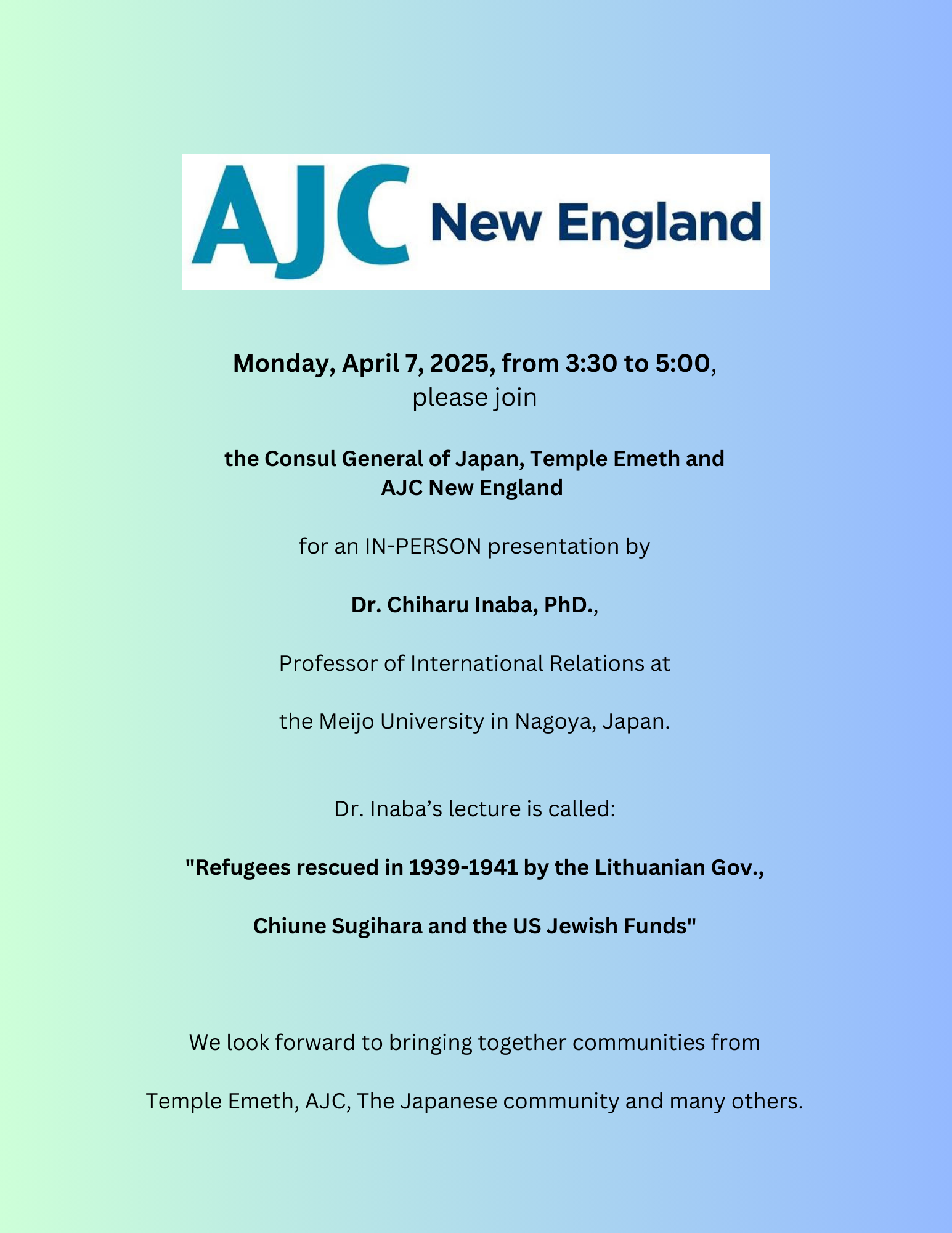 AJC New England & Consul General of Japan: Speaker Dr Chiharu Inaba